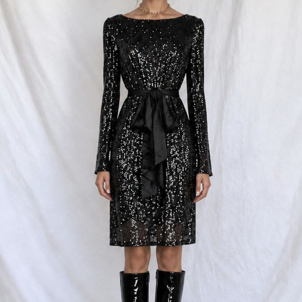 Vintage Y2K 90s Black Long Sleeve Sequin Knee Length Tied Waist Dress Size M